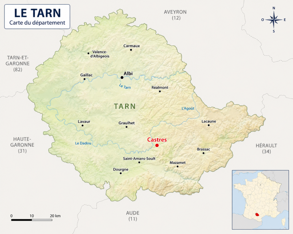 carte du Tarn avec emplacement précis de castres
