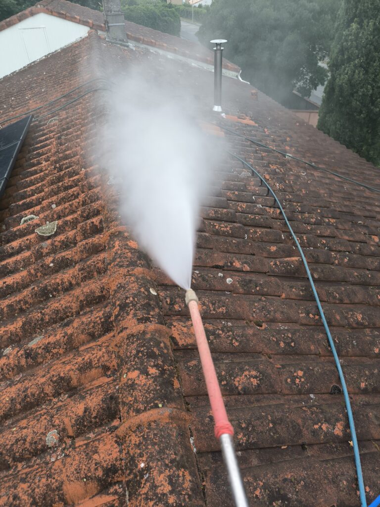 Nettoyage professionnel de toiture en tuiles à la vapeur.
