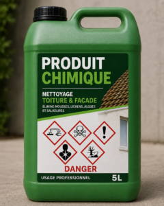Photo d'un bidon de produit chimique. Choisir entre nettoyage à la vapeur ou produits chimiques
